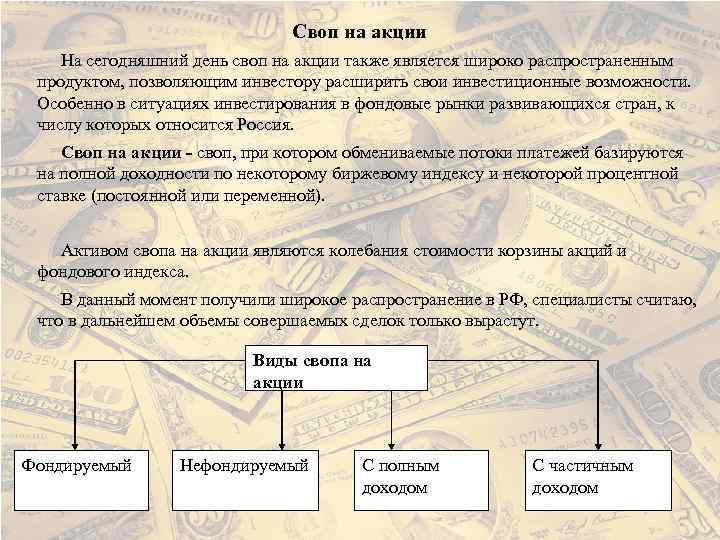 Своп на акции На сегодняшний день своп на акции также является широко распространенным продуктом,