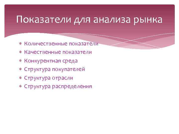 Показатели для анализа рынка Количественные показатели Качественные показатели Конкурентная среда Структура покупателей Структура отрасли