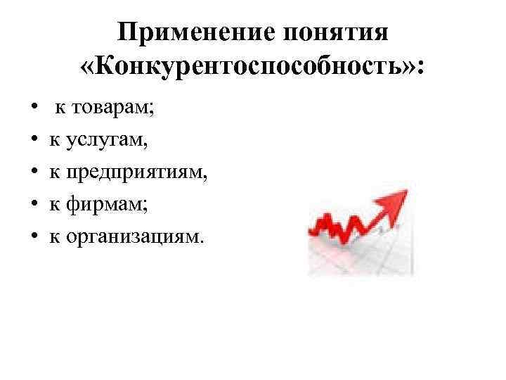 Применение понятия «Конкурентоспособность» : • • • к товарам; к услугам, к предприятиям, к