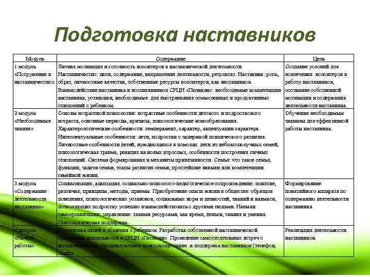 Подготовка наставников Модуль Содержание 1 модуль Личная мотивация и готовность волонтеров к наставнической деятельности.