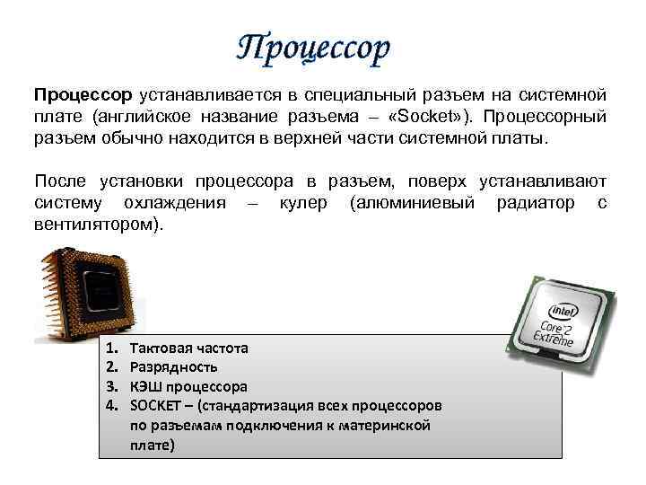 Процессор устанавливается в специальный разъем на системной плате (английское название разъема – «Socket» ).