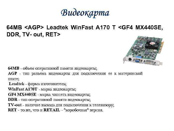 Видеокарта 64 MB <AGP> Leadtek Win. Fast A 170 T <GF 4 MX 440