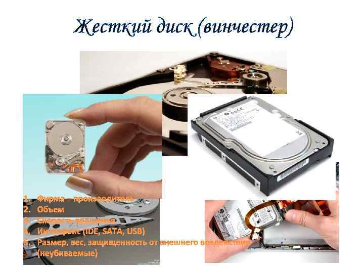 Жесткий диск (винчестер) 1. 2. 3. 4. 5. Фирма – производитель Объем Скорость вращения
