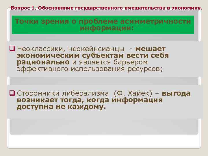 Вопрос 1. Обоснование государственного вмешательства в экономику. Точки зрения о проблеме асимметричности информации: q