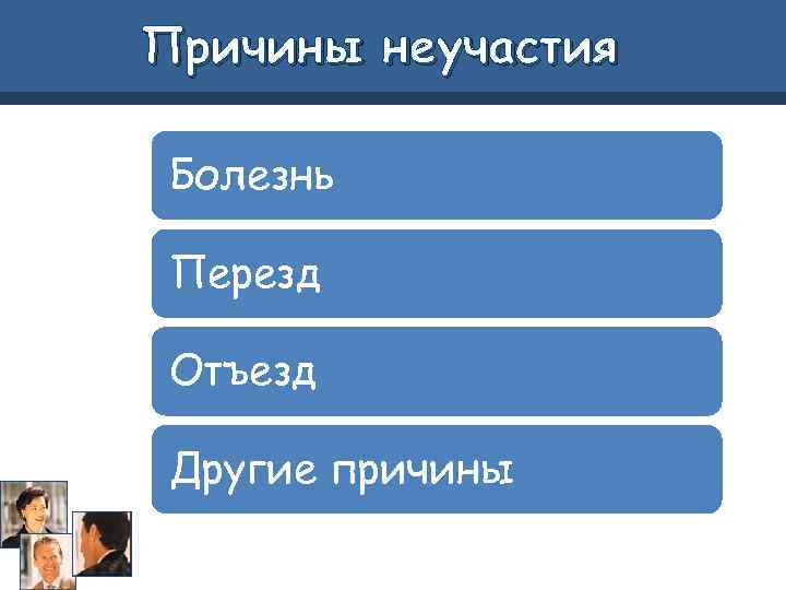 Причины неучастия Болезнь Перезд Отъезд Другие причины 