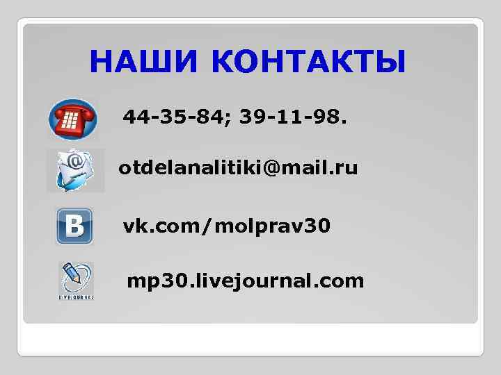 НАШИ КОНТАКТЫ 44 -35 -84; 39 -11 -98. otdelanalitiki@mail. ru vk. com/molprav 30 mp