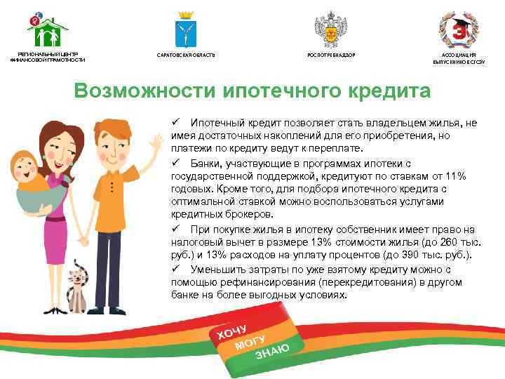 РЕГИОНАЛЬНЫЙ ЦЕНТР ФИНАНСОВОЙ ГРАМОТНОСТИ САРАТОВСКАЯ ОБЛАСТЬ РОСПОТРЕБНАДЗОР АССОЦИАЦИЯ ВЫПУСКНИКОВ СГСЭУ Возможности ипотечного кредита ü