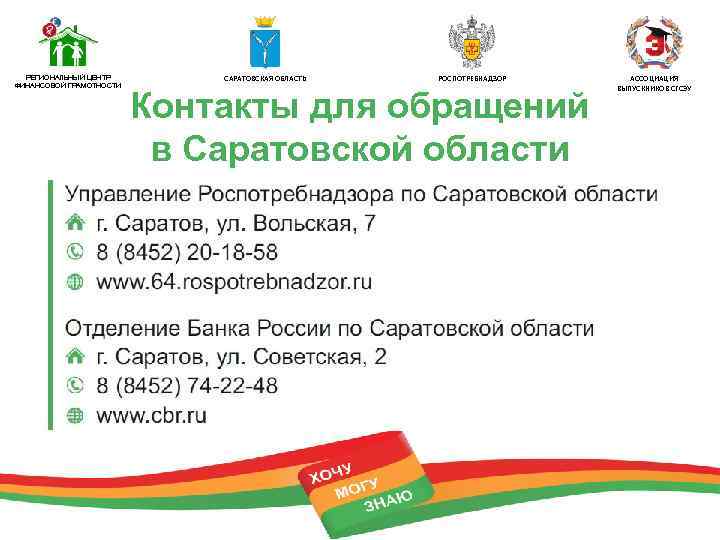 РЕГИОНАЛЬНЫЙ ЦЕНТР ФИНАНСОВОЙ ГРАМОТНОСТИ САРАТОВСКАЯ ОБЛАСТЬ РОСПОТРЕБНАДЗОР Контакты для обращений в Саратовской области АССОЦИАЦИЯ