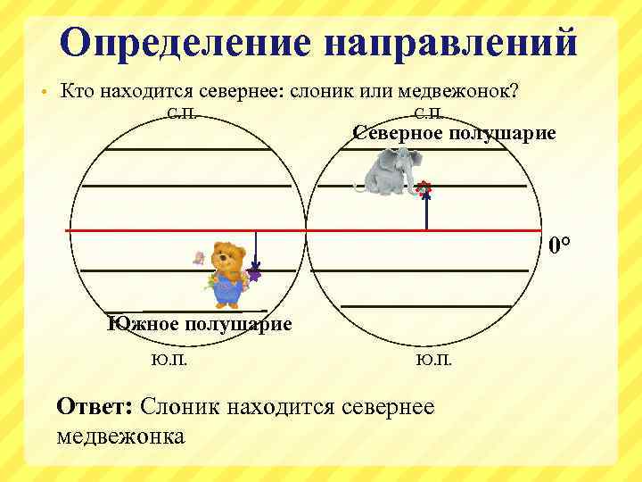 Определение направлений • Кто находится севернее: слоник или медвежонок? С. П. Северное полушарие 0°
