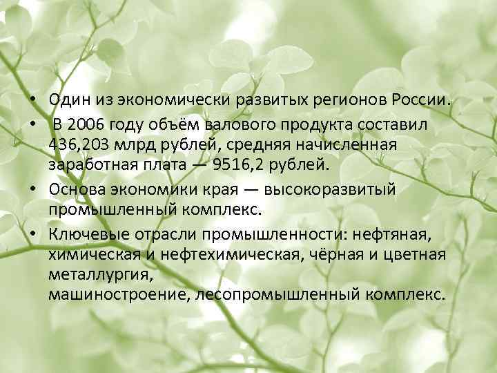  • Один из экономически развитых регионов России. • В 2006 году объём валового