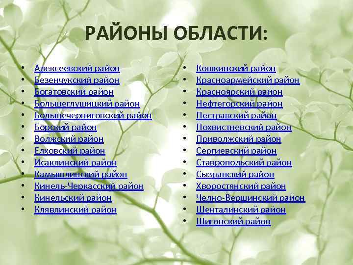 РАЙОНЫ ОБЛАСТИ: • • • • Алексеевский район Безенчукский район Богатовский район Большеглушицкий район