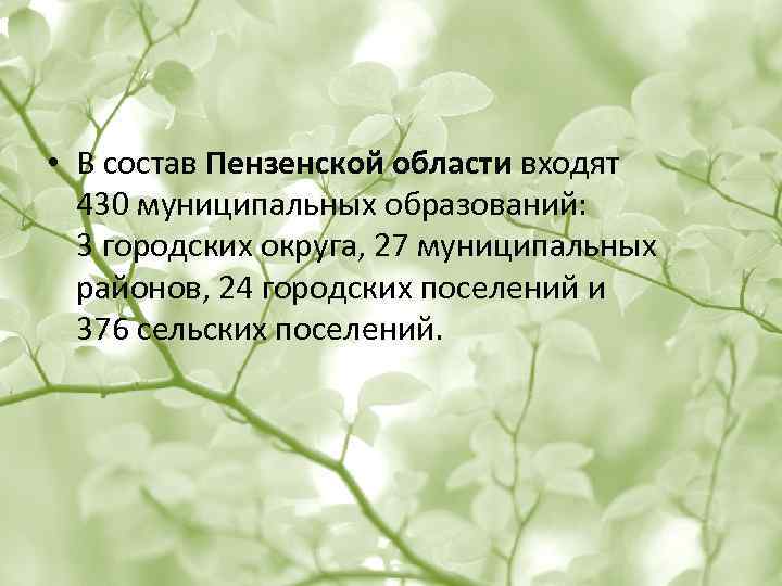  • В состав Пензенской области входят 430 муниципальных образований: 3 городских округа, 27