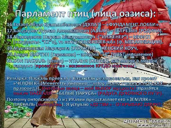 Парламент птиц (лица оазиса): 16. Естаев Абзал Куанышбекович (ДУЛАТ) – «ФУНДАМЕНТ ЛОББИ» . 17.