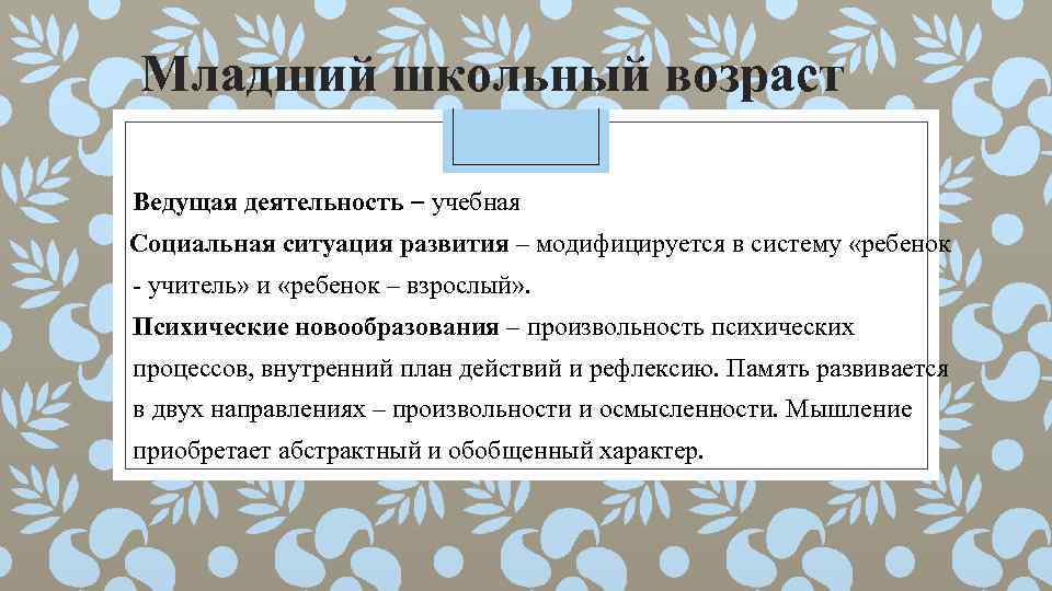 Младший школьный возраст Ведущая деятельность – учебная Социальная ситуация развития – модифицируется в систему