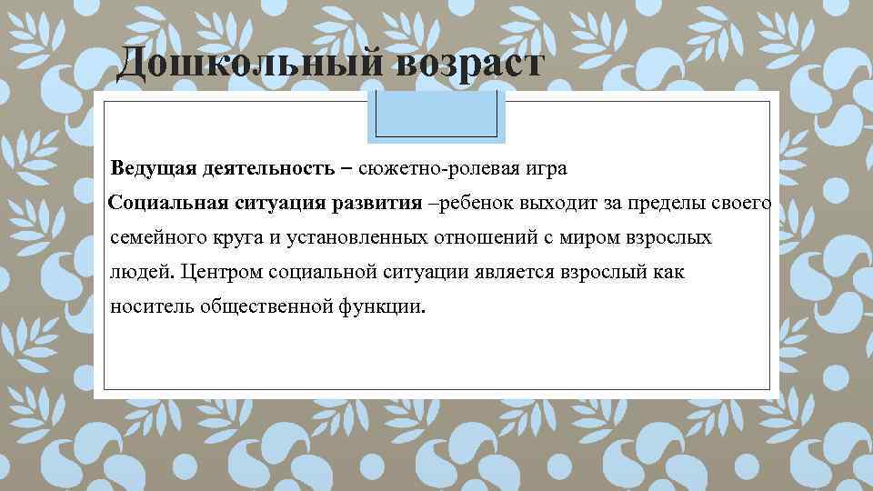 Дошкольный возраст Ведущая деятельность – сюжетно-ролевая игра Социальная ситуация развития –ребенок выходит за пределы