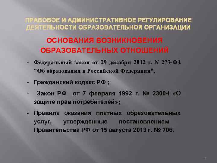 ПРАВОВОЕ И АДМИНИСТРАТИВНОЕ РЕГУЛИРОВАНИЕ ДЕЯТЕЛЬНОСТИ ОБРАЗОВАТЕЛЬНОЙ ОРГАНИЗАЦИИ ОСНОВАНИЯ ВОЗНИКНОВЕНИЯ ОБРАЗОВАТЕЛЬНЫХ ОТНОШЕНИЙ - Федеральный закон