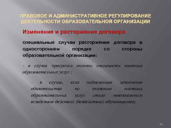 ПРАВОВОЕ И АДМИНИСТРАТИВНОЕ РЕГУЛИРОВАНИЕ ДЕЯТЕЛЬНОСТИ ОБРАЗОВАТЕЛЬНОЙ ОРГАНИЗАЦИИ Изменение и расторжение договора специальные случаи расторжения