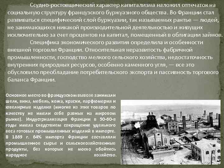 Ссудно-ростовщический характер капитализма наложил отпечаток на социальную структуру французского буржуазного общества. Во Франции стал