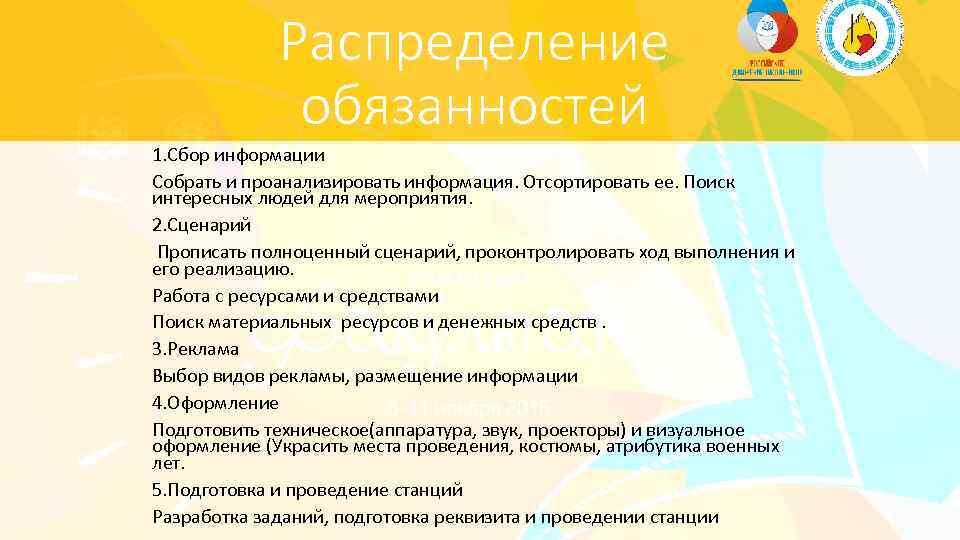 Распределение обязанностей 1. Сбор информации Собрать и проанализировать информация. Отсортировать ее. Поиск интересных людей