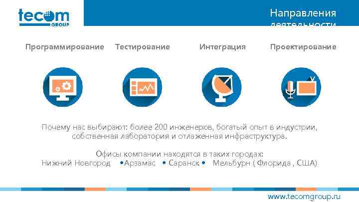 Направления деятельности Программирование Тестирование Интеграция Проектирование Почему нас выбирают: более 200 инженеров, богатый опыт