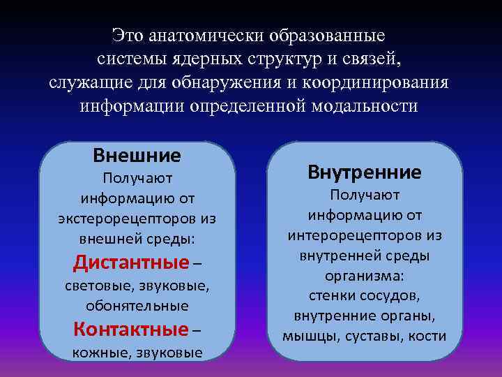 Это анатомически образованные системы ядерных структур и связей, служащие для обнаружения и координирования информации