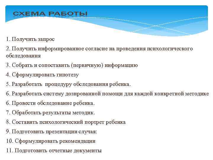 1. Получить запрос 2. Получить информированное согласие на проведения психологического обследования 3. Собрать и