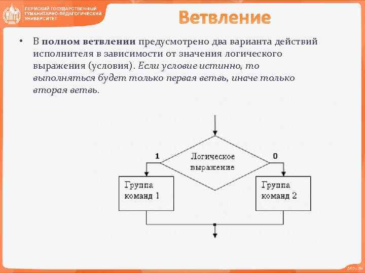 Ветвление • В полном ветвлении предусмотрено два варианта действий исполнителя в зависимости от значения