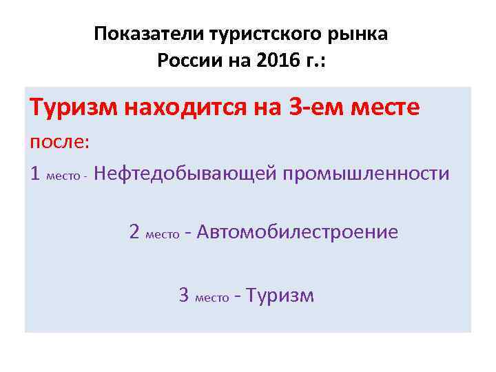 Показатели туристского рынка России на 2016 г. : Туризм находится на 3 -ем месте