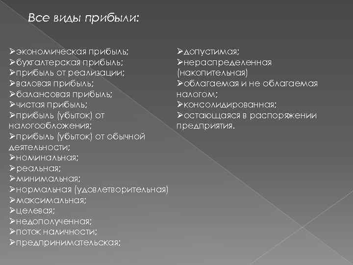 Все виды прибыли: Øэкономическая прибыль; Øбухгалтерская прибыль; Øприбыль от реализации; Øваловая прибыль; Øбалансовая прибыль;