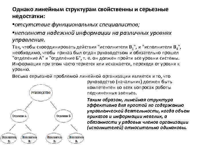 Однако линейным структурам свойственны и серьезные недостатки: • отсутствие функциональных специалистов; • неполнота надежной