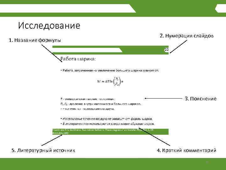Исследование 1. Название формулы 2. Нумерация слайдов 3. Пояснение 5. Литературный источник 4. Краткий