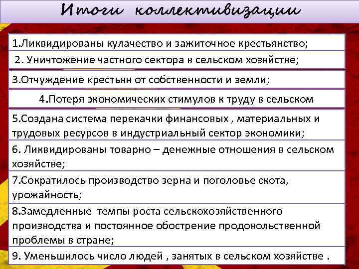 Итоги коллективизации 1. Ликвидированы кулачество и зажиточное крестьянство; 2. Уничтожение частного сектора в сельском