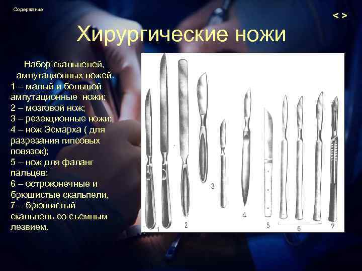 Содержание Хирургические ножи Набор скальпелей, ампутационных ножей. 1 – малый и большой ампутационные ножи;