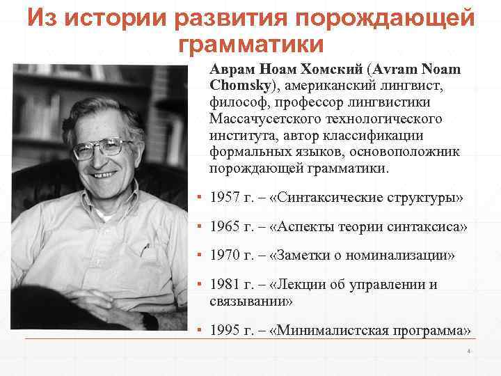 Из истории развития порождающей грамматики Аврам Ноам Хомский (Avram Noam Chomsky), американский лингвист, философ,