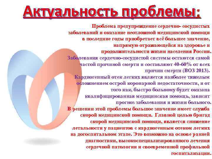 Актуальность проблемы : Проблема предупреждение сердечно сосудистых заболеваний и оказание неотложной медицинской помощи в