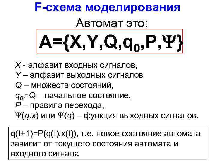 F-схема моделирования Автомат это: A={X, Y, Q, q 0, P, } X - алфавит