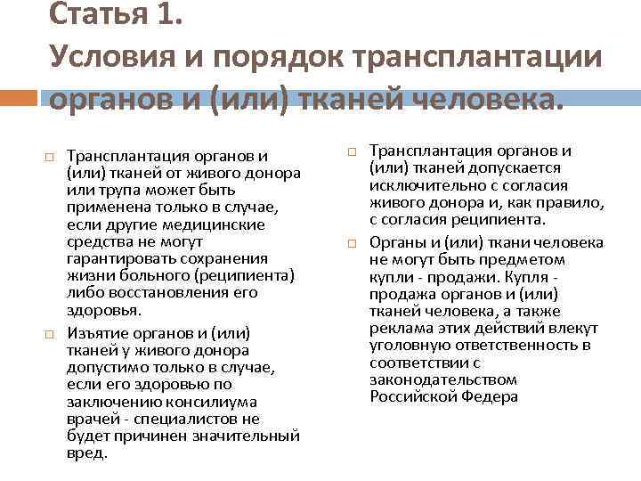 Статья 1. Условия и порядок трансплантации органов и (или) тканей человека. Трансплантация органов и