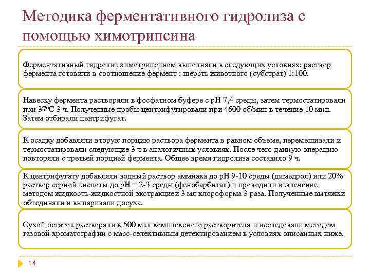 Методика ферментативного гидролиза с помощью химотрипсина Ферментативный гидролиз химотрипсином выполняли в следующих условиях: раствор