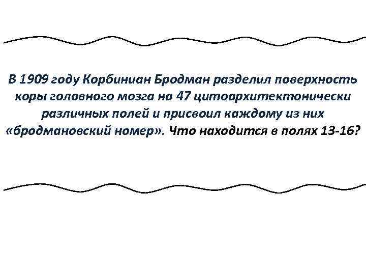 В 1909 году Корбиниан Бродман разделил поверхность коры головного мозга на 47 цитоархитектонически различных