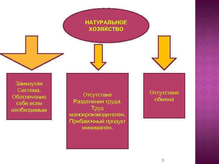 НАТУРАЛЬНОЕ ХОЗЯЙСТВО Замкнутая Система. Обеспечение себя всем необходимым Отсутствие Разделения труда. Труд малопроизводителен. Прибавочный