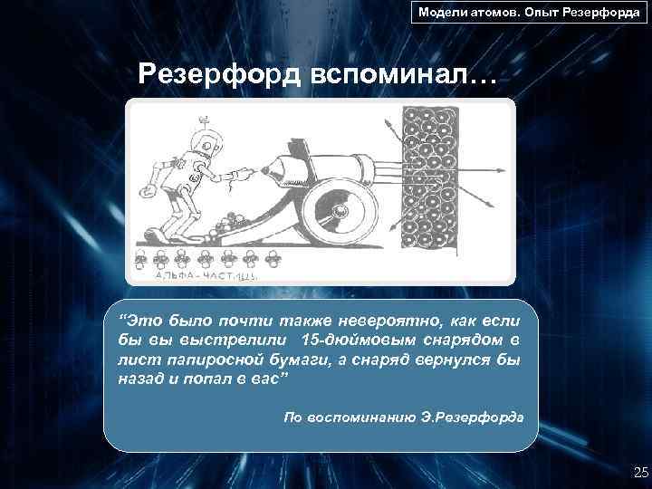Модели атомов. Опыт Резерфорда Резерфорд вспоминал… “Это было почти также невероятно, как если бы