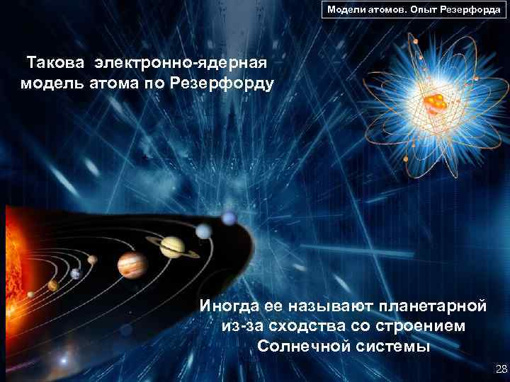 Модели атомов. Опыт Резерфорда Такова электронно-ядерная модель атома по Резерфорду Иногда ее называют планетарной