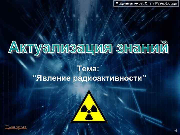 Модели атомов. Опыт Резерфорда Тема: “Явление радиоактивности” План урока 4 