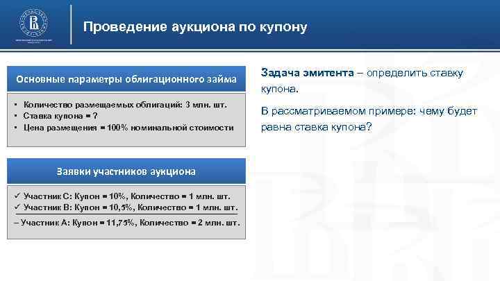 Проведение аукциона по купону Основные параметры облигационного займа Задача эмитента – определить ставку купона.