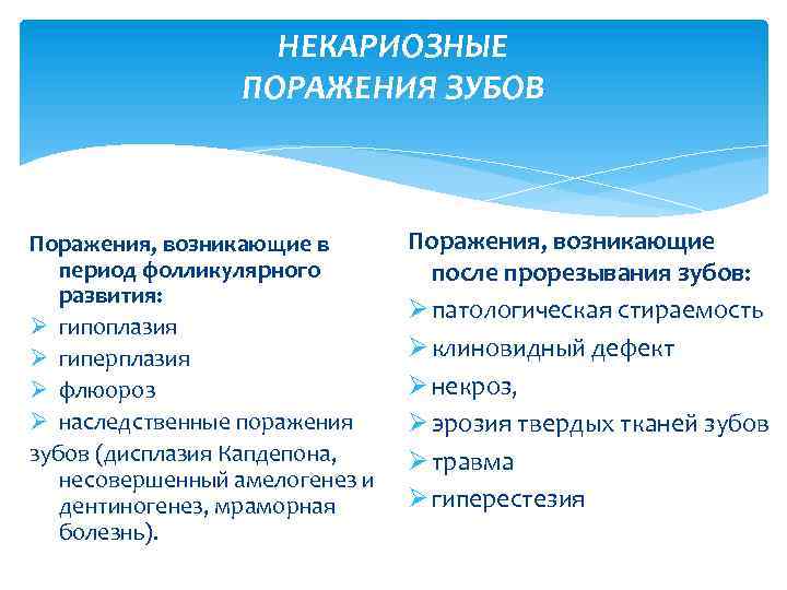 НЕКАРИОЗНЫЕ ПОРАЖЕНИЯ ЗУБОВ Поражения, возникающие в период фолликулярного развития: Ø гипоплазия Ø гиперплазия Ø