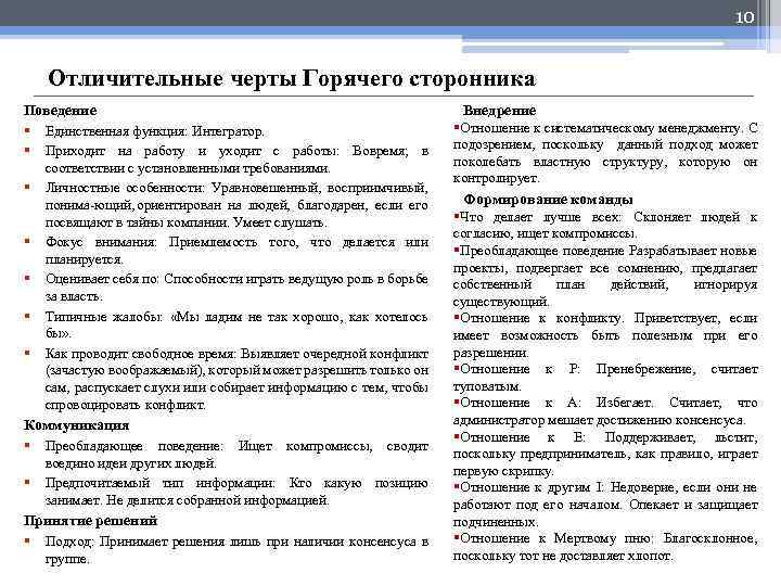 10 Отличительные черты Горячего сторонника Поведение § Единственная функция: Интегратор. § Приходит на работу