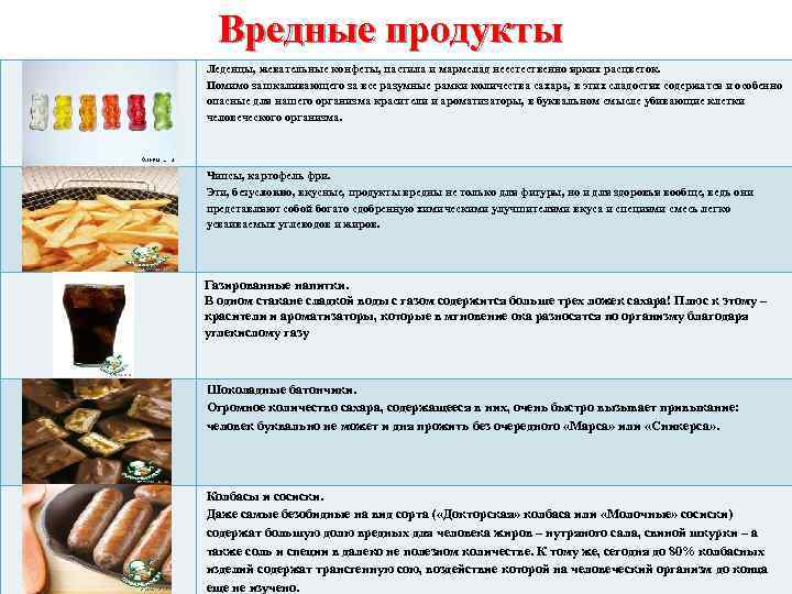 Вредные продукты Леденцы, жевательные конфеты, пастила и мармелад неестественно ярких расцветок. Помимо зашкаливающего за