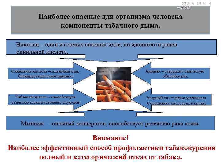 ЗДОРОВЬЕ ЧЕЛОВЕКА слайд 12 Наиболее опасные для организма человека компоненты табачного дыма. Никотин –