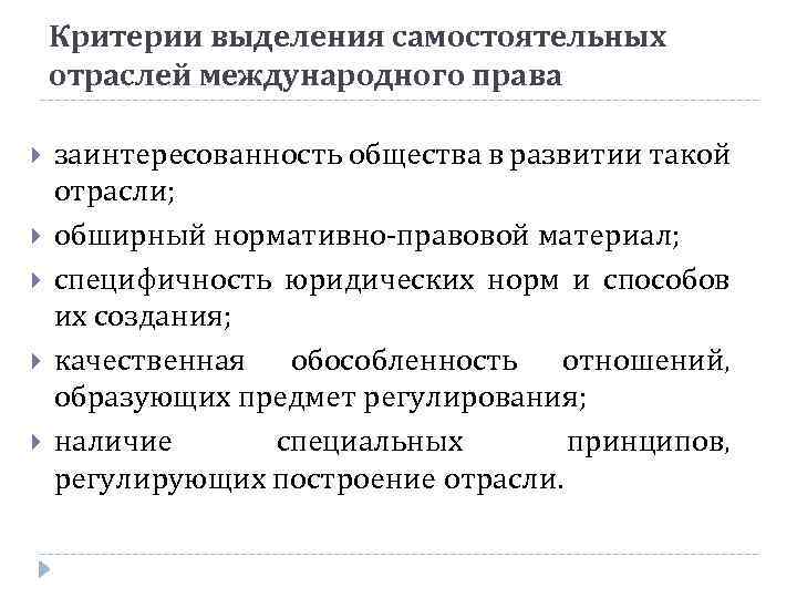 Критерии выделения самостоятельных отраслей международного права заинтересованность общества в развитии такой отрасли; обширный нормативно-правовой