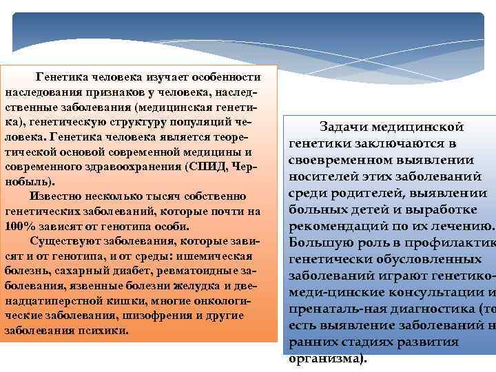  Генетика человека изучает особенности наследования признаков у человека, наслед ственные заболевания (медицинская генети